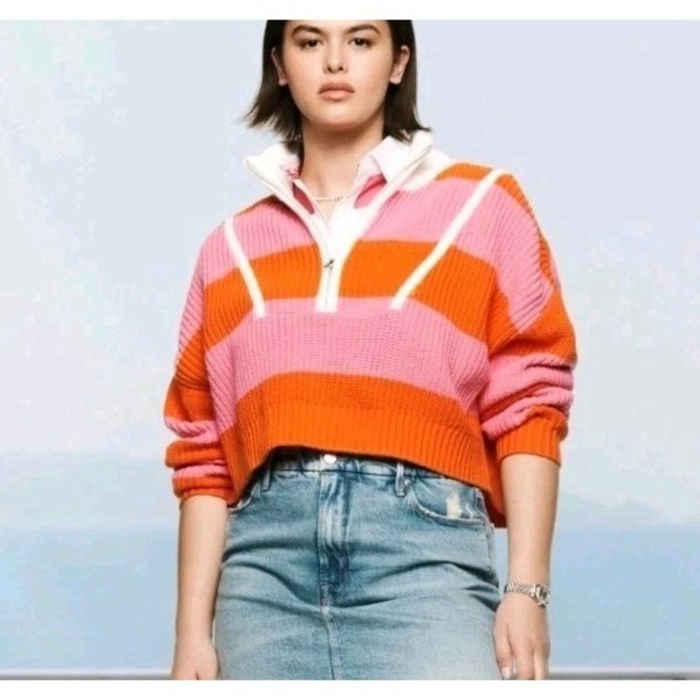 Staud Sweater Size Small Hampton‎ Cropped Papaya Plumeria Rugby Stripe